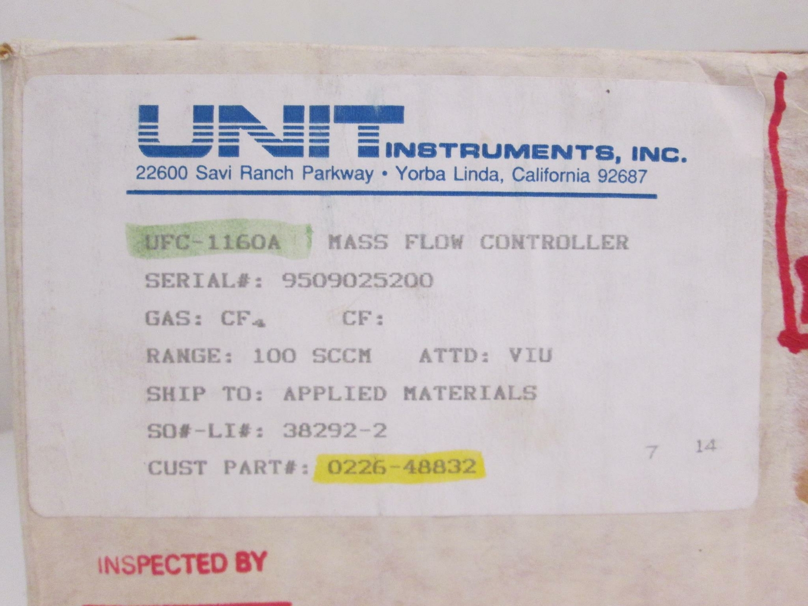 Unit UFC-1160A Mass Flow Controller, CF4, 100 SCCM, Refurbished