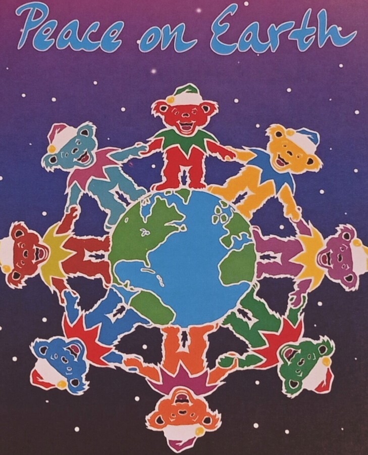 UNUSED Vintage Christmas note card, Grateful Dead bears, Peace on Earth 6 3/4"