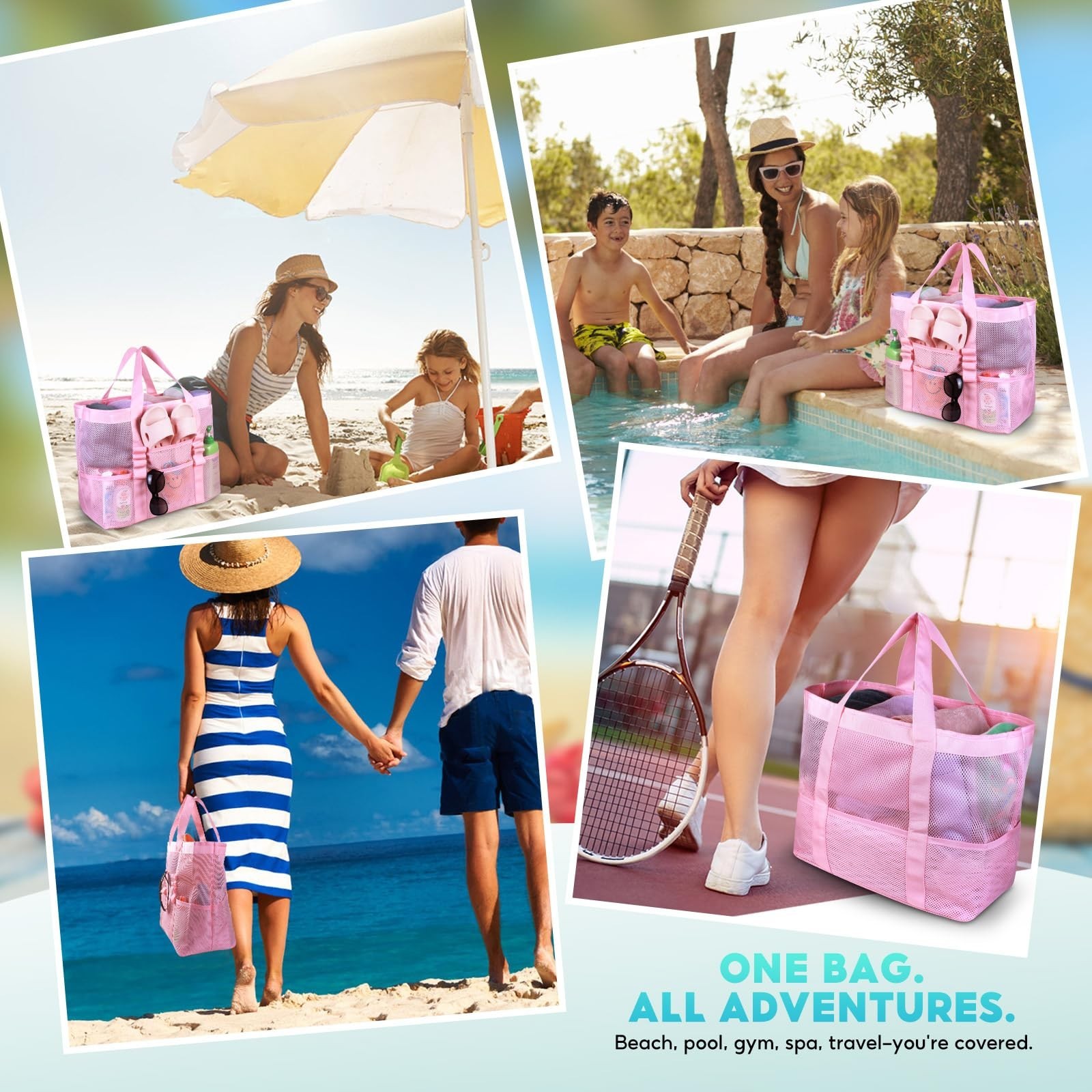 Large Mesh Beach Bag – Lightweight Beach Tote with 9 Pockets, Beach Bag fo