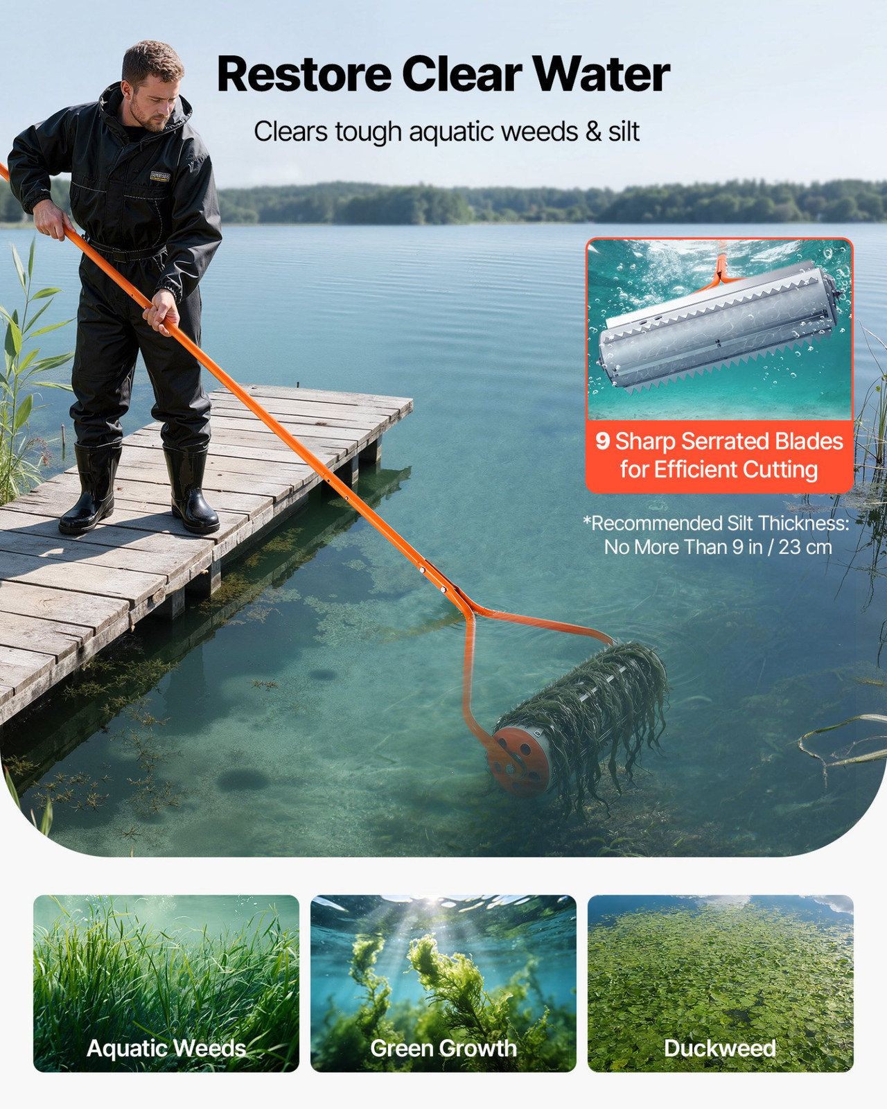 18FT Lake Weed Roller Pond Weed Remover Muck Razer w/6 Blades & 5 Handles