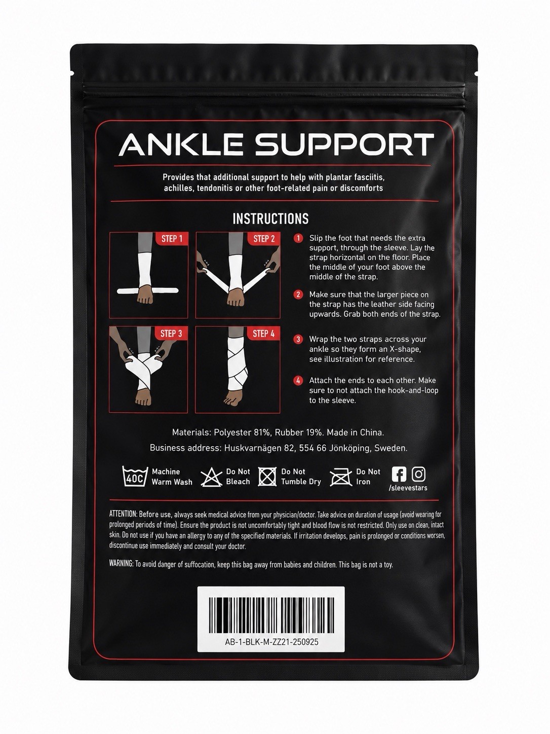 Ankle Support Sleeve-Sleeve Stars- Black Medium Size