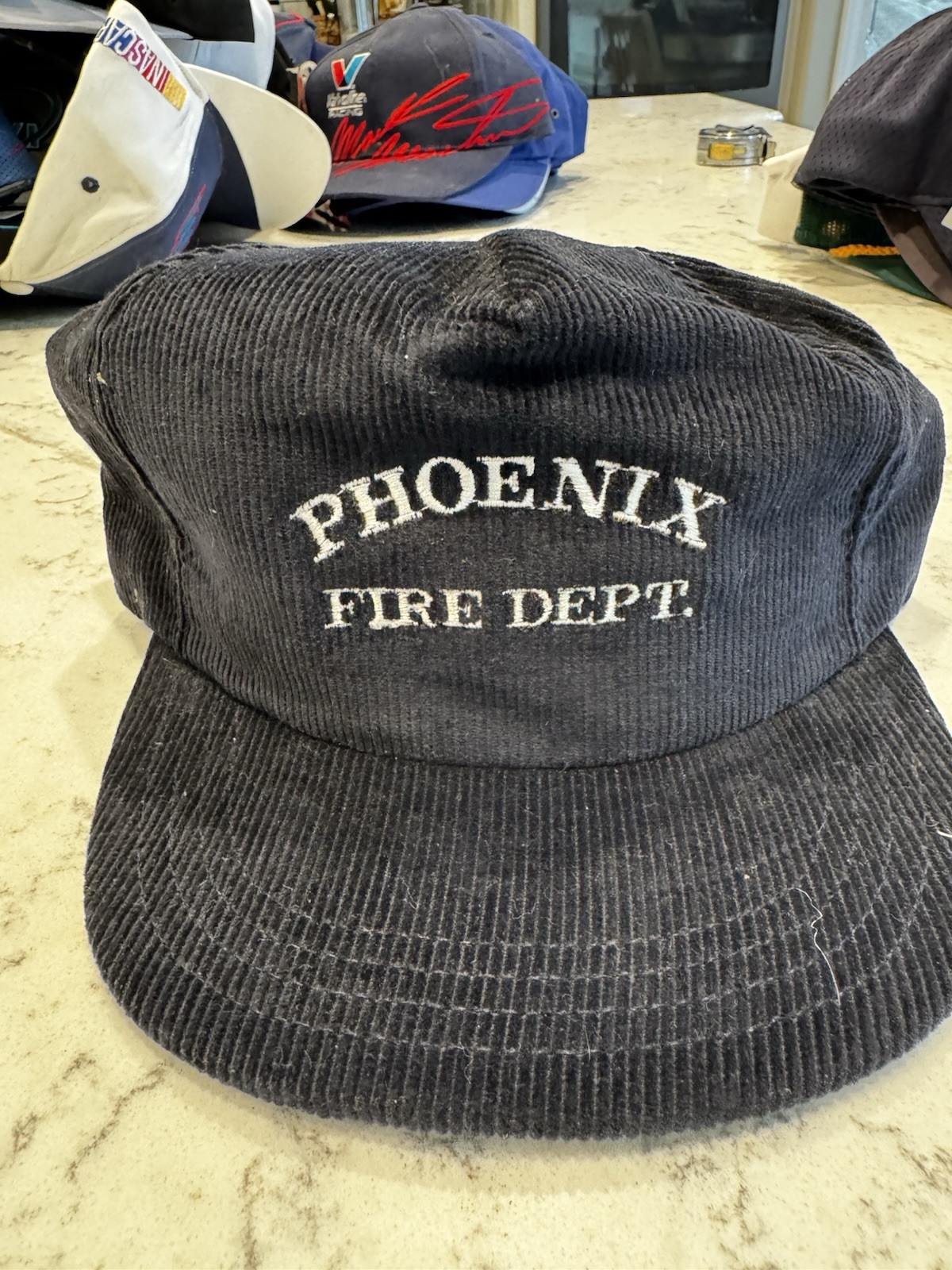 Vtg Phoenix Fire Dept White Navy Hat Corduroy SnapBack Cap