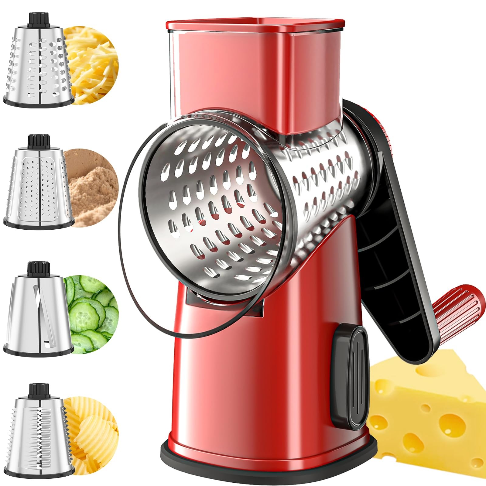 VEKAYA Cheese Grater, Cheese Grater Hand Crank, 4 Interchangeable Blades Cheese