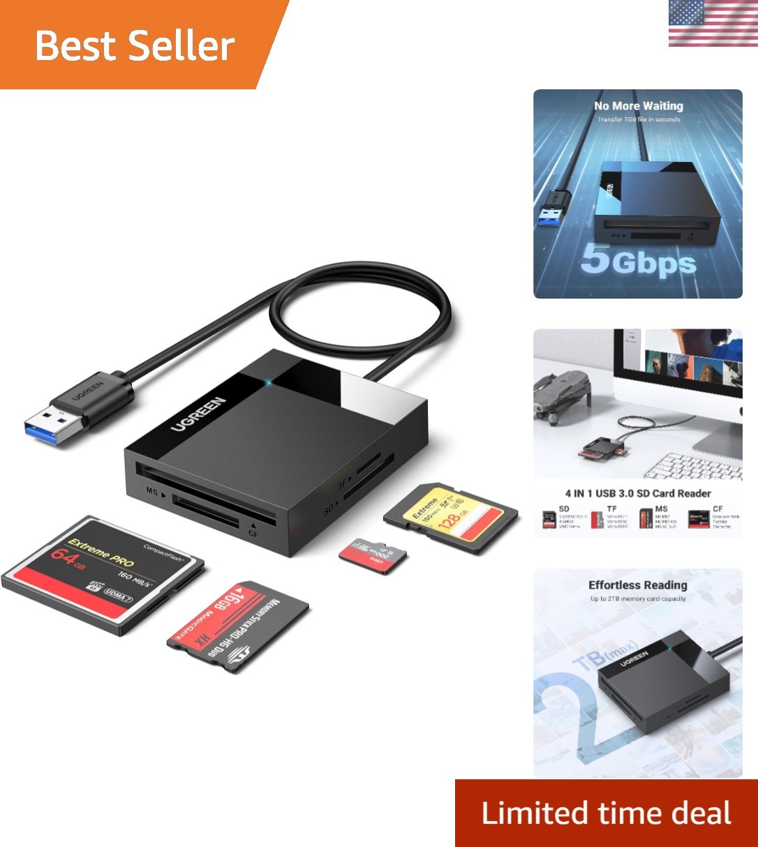 Versatile 4-Slot USB 3.0 Card Reader: Fast Transfers for Photographers