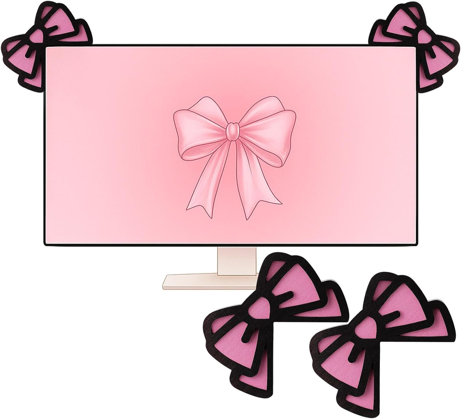 2 Pcs Pink Bow Computer Monitor Decor 3D Wood Cute Computer Decor Coquettish PC
