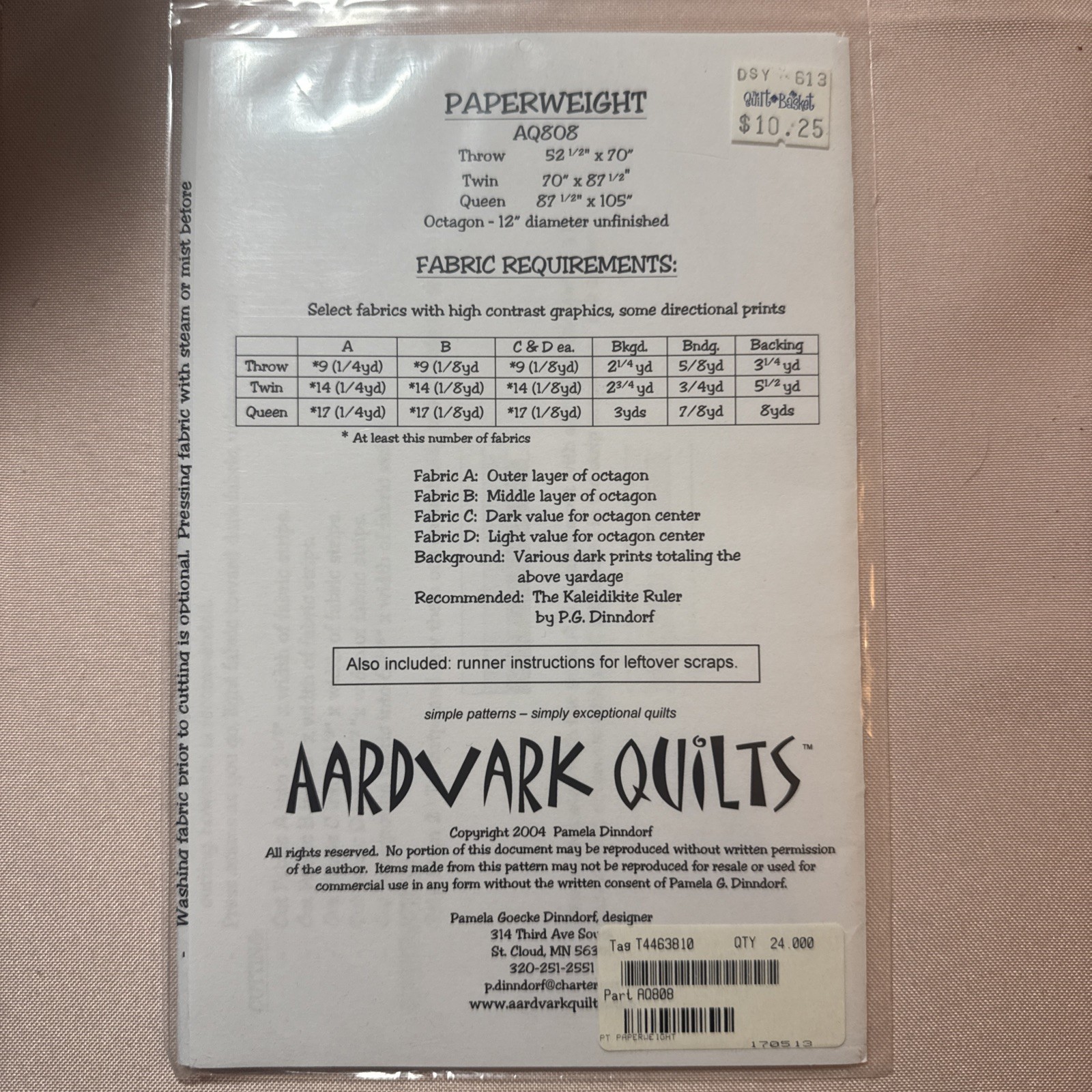 PAPERWEIGHT AQ808 Pattern by Aardvark Quilts