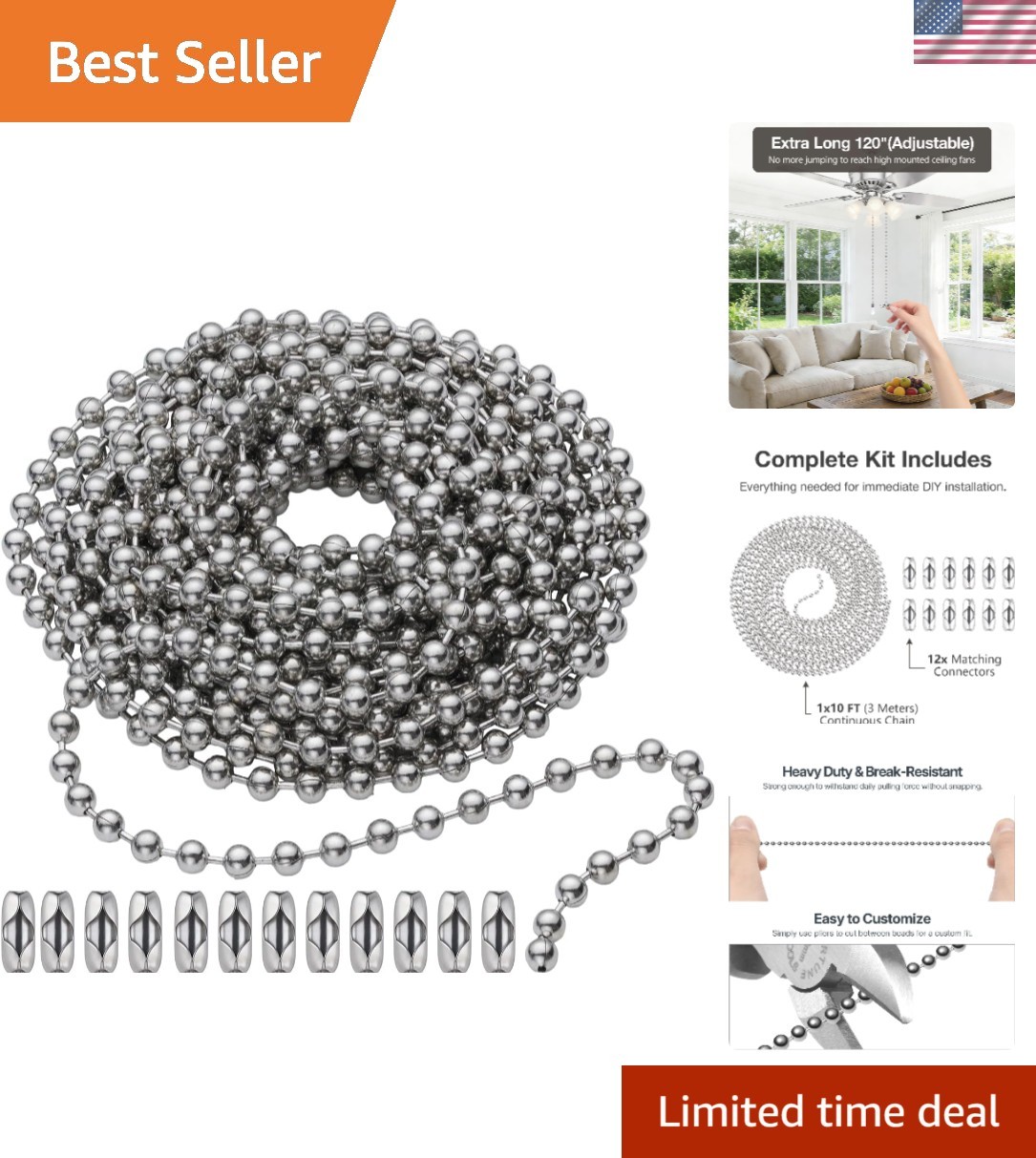 Sleek Ceiling Fan Pull Chain - 10 Feet of Rust-Proof Brass with 12 Connectors