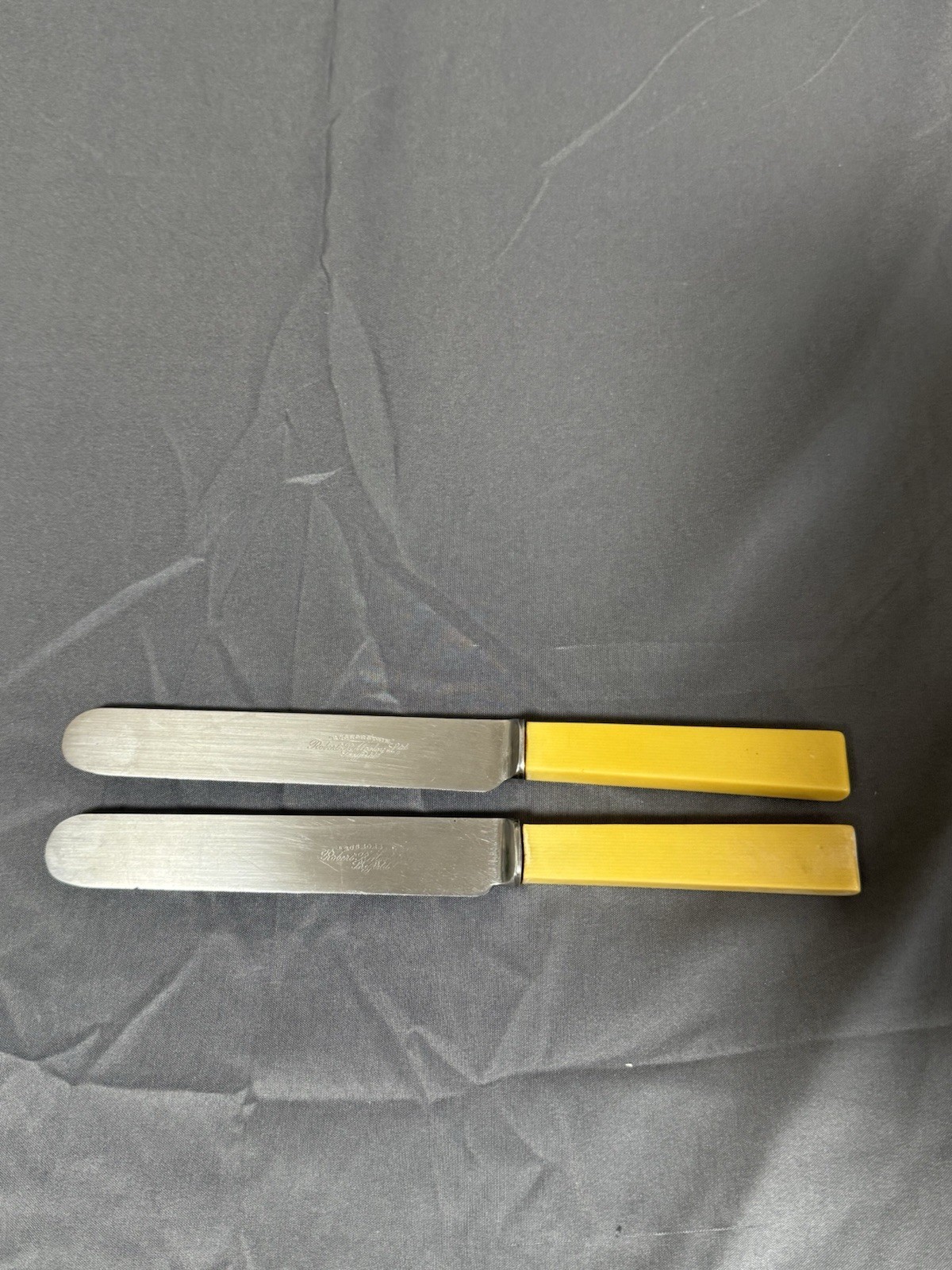 Vintage Robert F Mosley NY Non Stain Butter Knives Yellow Handles Pair 8"