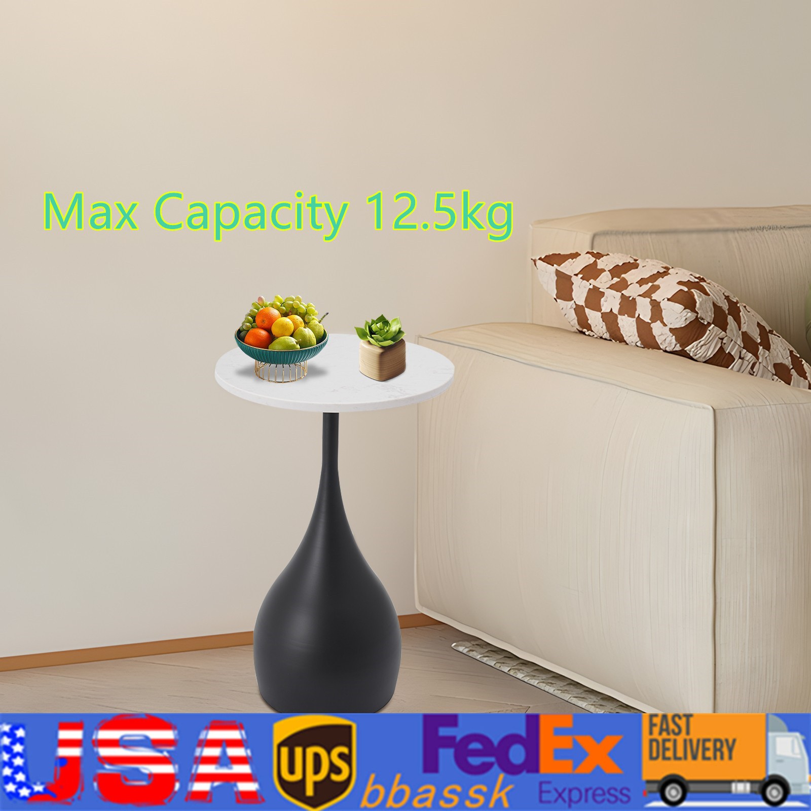 13.78 Inch Marble Sofa Side Table  Modern Round Accent Table For Small Spaces