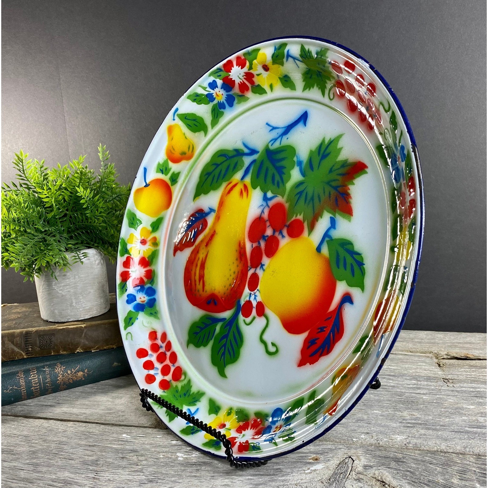 Rossini Enamelware Oversized Platter Fruit Graphics Round Tray Vibrant Colors