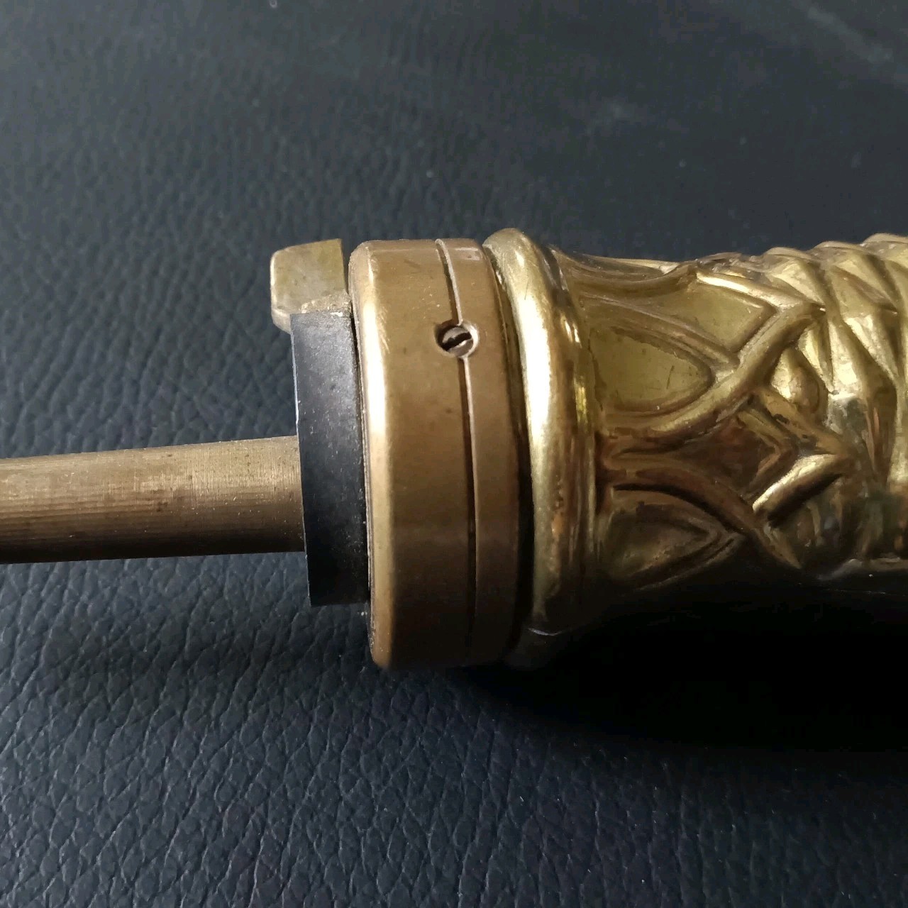 Vintage Black Powder Flask Brass Embossed