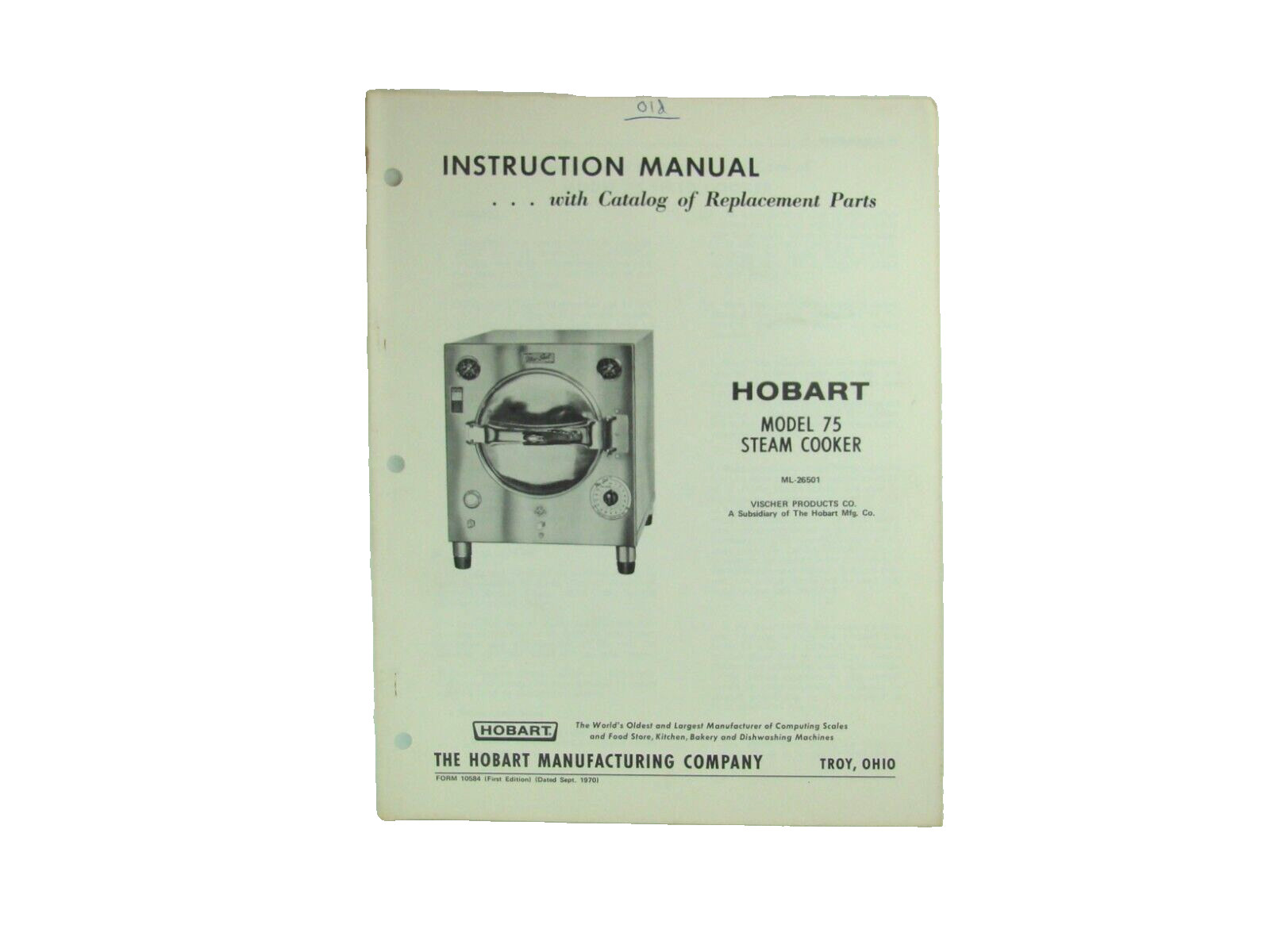 Hobart Steam Steam Cooker Model 75 Instruction Manual With Replacement Parts