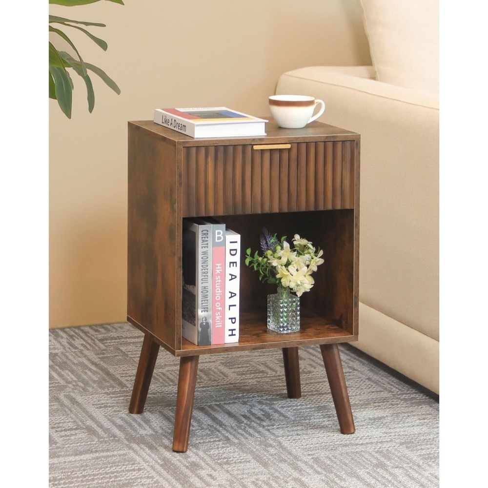 Mid Modern Nightstand with Drawer and Open Compartment, Fluted Wood