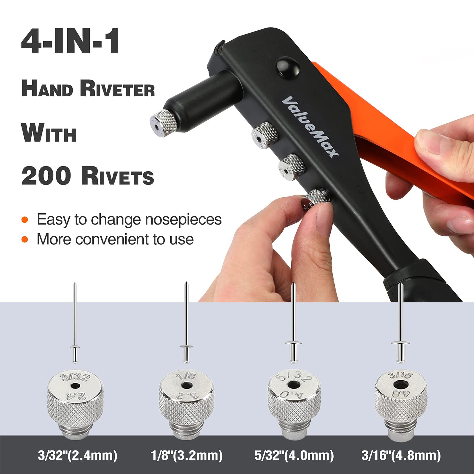 ValueMax 4-in-1 Hand Riveter/Rivet Gun, Pop Rivet Tool Kit with 200 Rivets -...