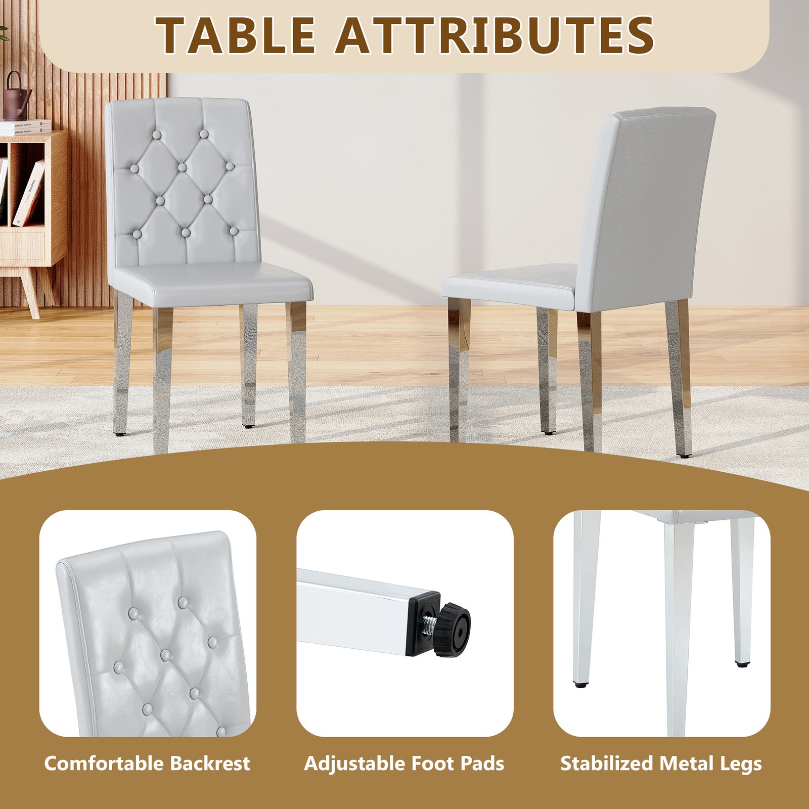 2-piece set of light grey PU dining chairs: ergonomically designed buckle back
