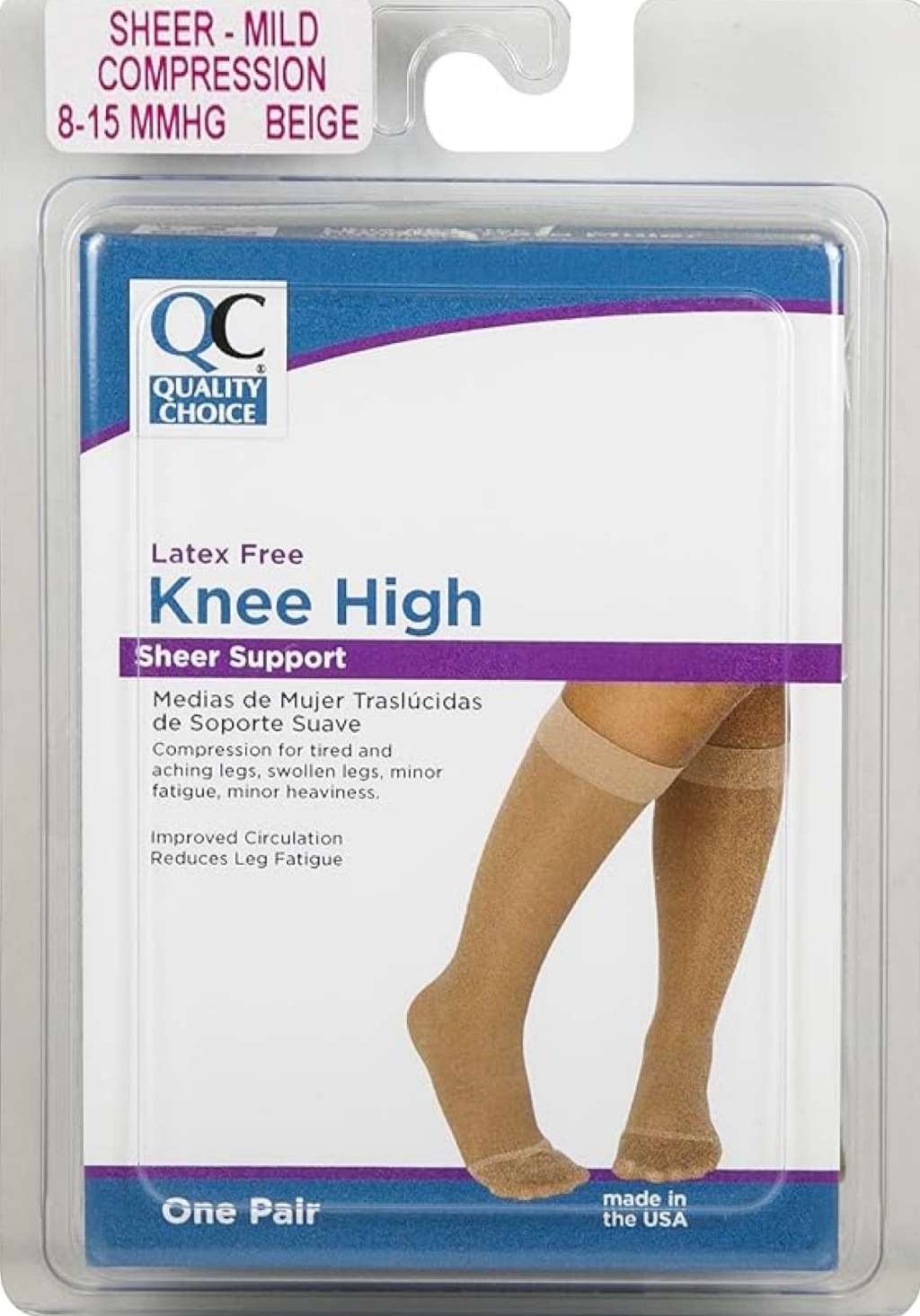 Quality Choice Knee High, Sheer Support, Closed Toe, 8-15mmHg (Size: S) Beige