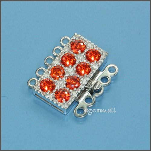 925 Sterling Silver 5 Strand Rectangle Box Clasp w/ CZ Orange #51478