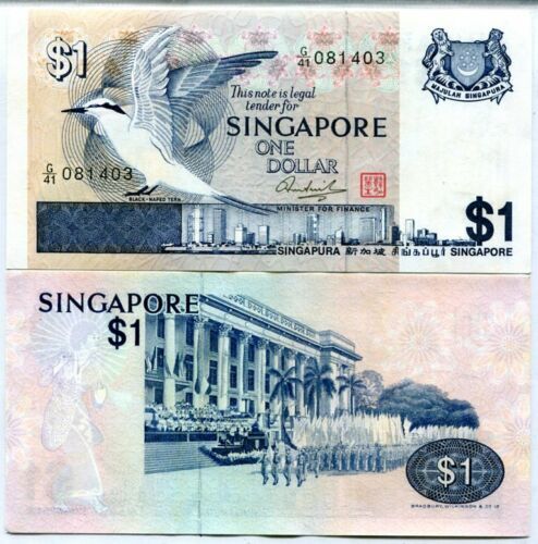 Banknote - 1976 Singapore, 1 Dollar, P9 EF-aUNC, Tern & city skyline (F) Parade