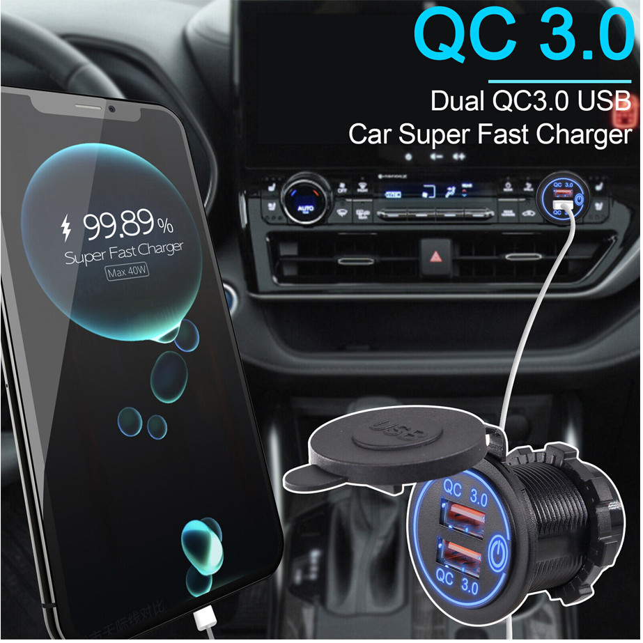 2PCS Car USB Outlet 12V Charger Socket 36W Dual QC3.0 USB Power Socket +Switch