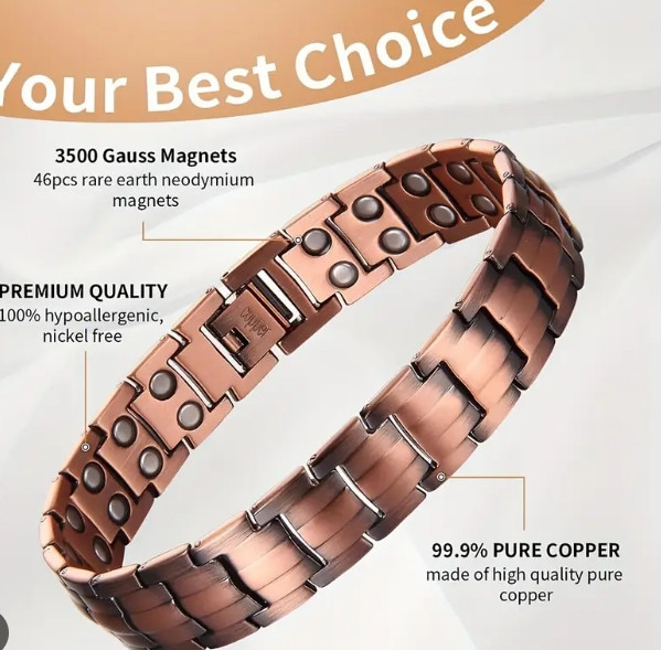 Powerful Magnetic Mens Bracelet Therapy for Pain Relief Solid Copper Bangle