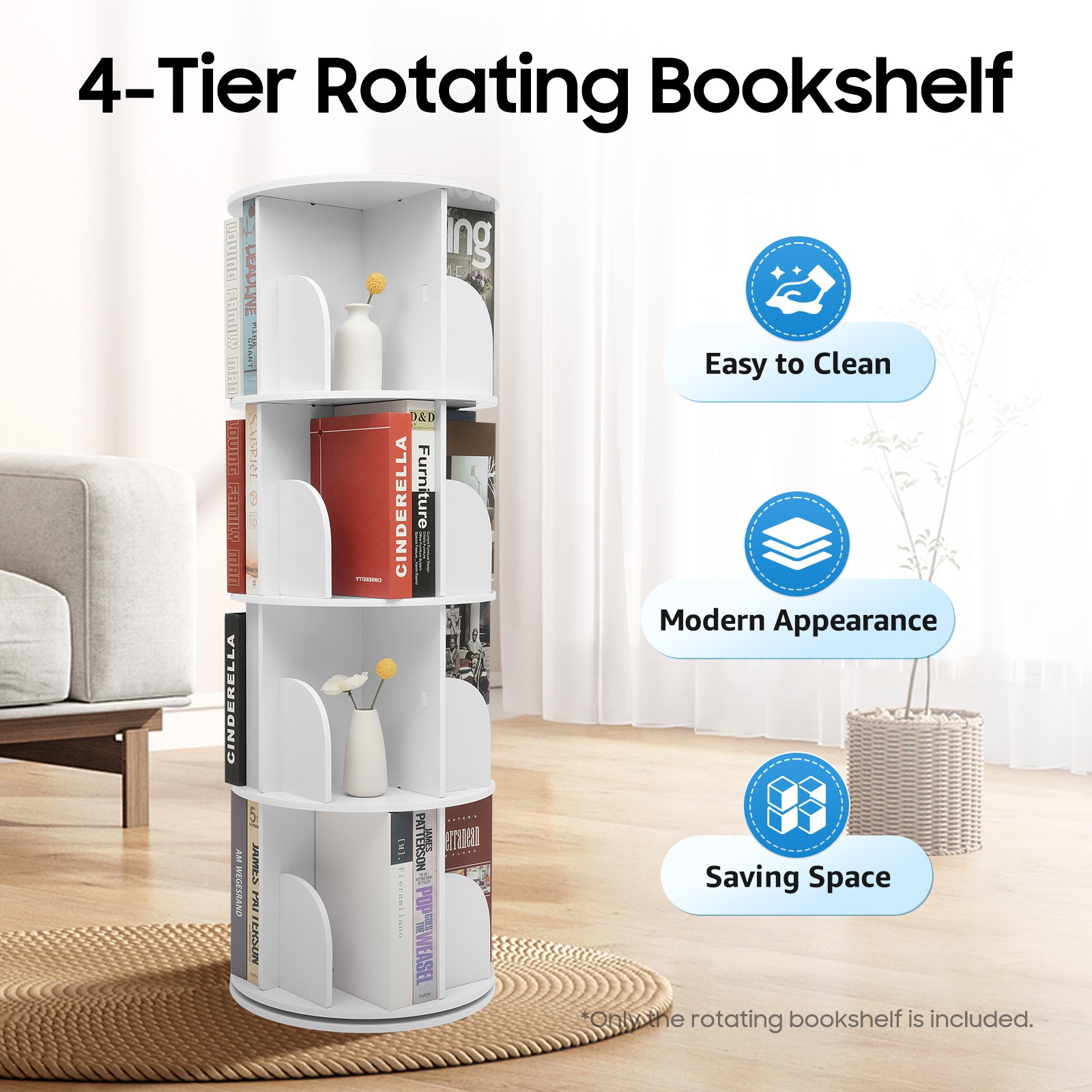 4-Tier 360° Rotating Bookshelf Bookshelf Organizer Floor Standing Storage Shelf