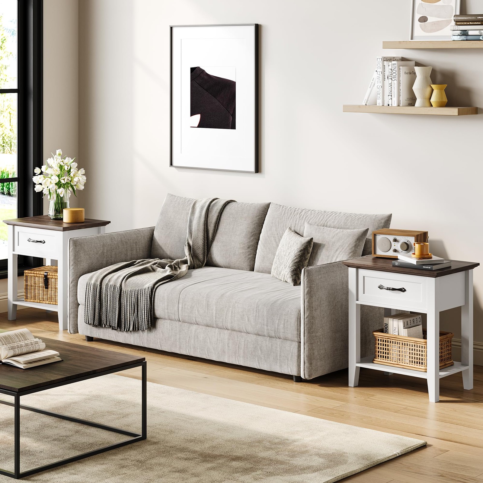 Nightstands Set of 2, End Table with Drawer, Side Table for Spaces, White