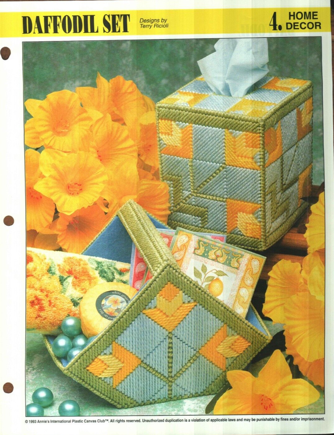 NEW DAFFODIL SET TISSUE COVER BASKET ANNIE'S PLASTIC CANVAS PATTERN INSTRUCTIONS