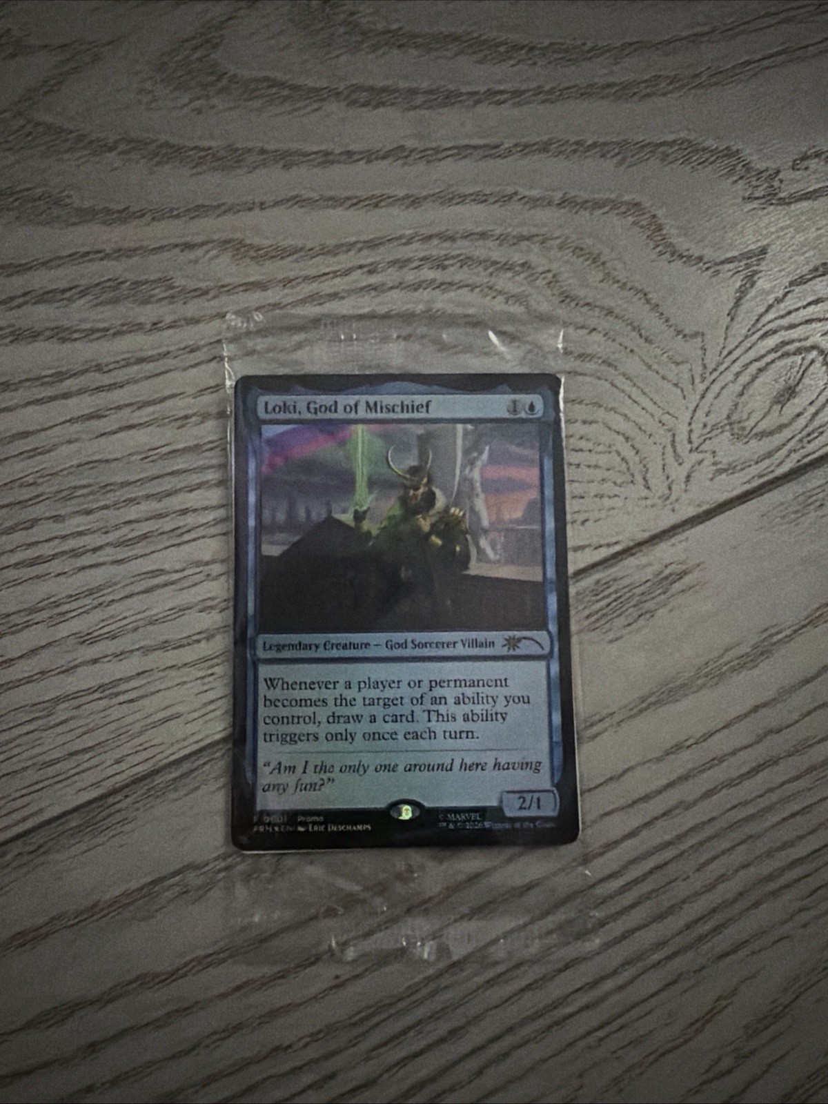 SDCC 2026 Magic The Gathering - LOKI, GOD OF Mischief Promo card in hand