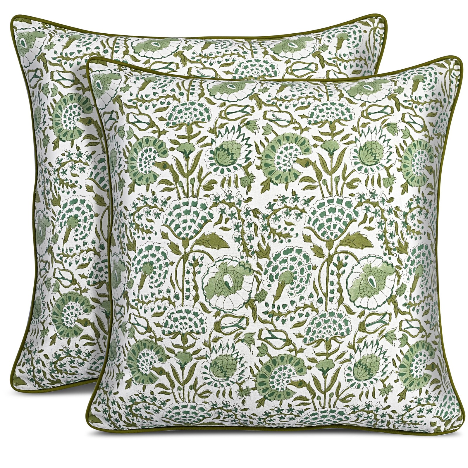 CPC 100% Cotton Throw Pillow Covers 20x20 Inch, Set of 2 Green Block Print Pa...