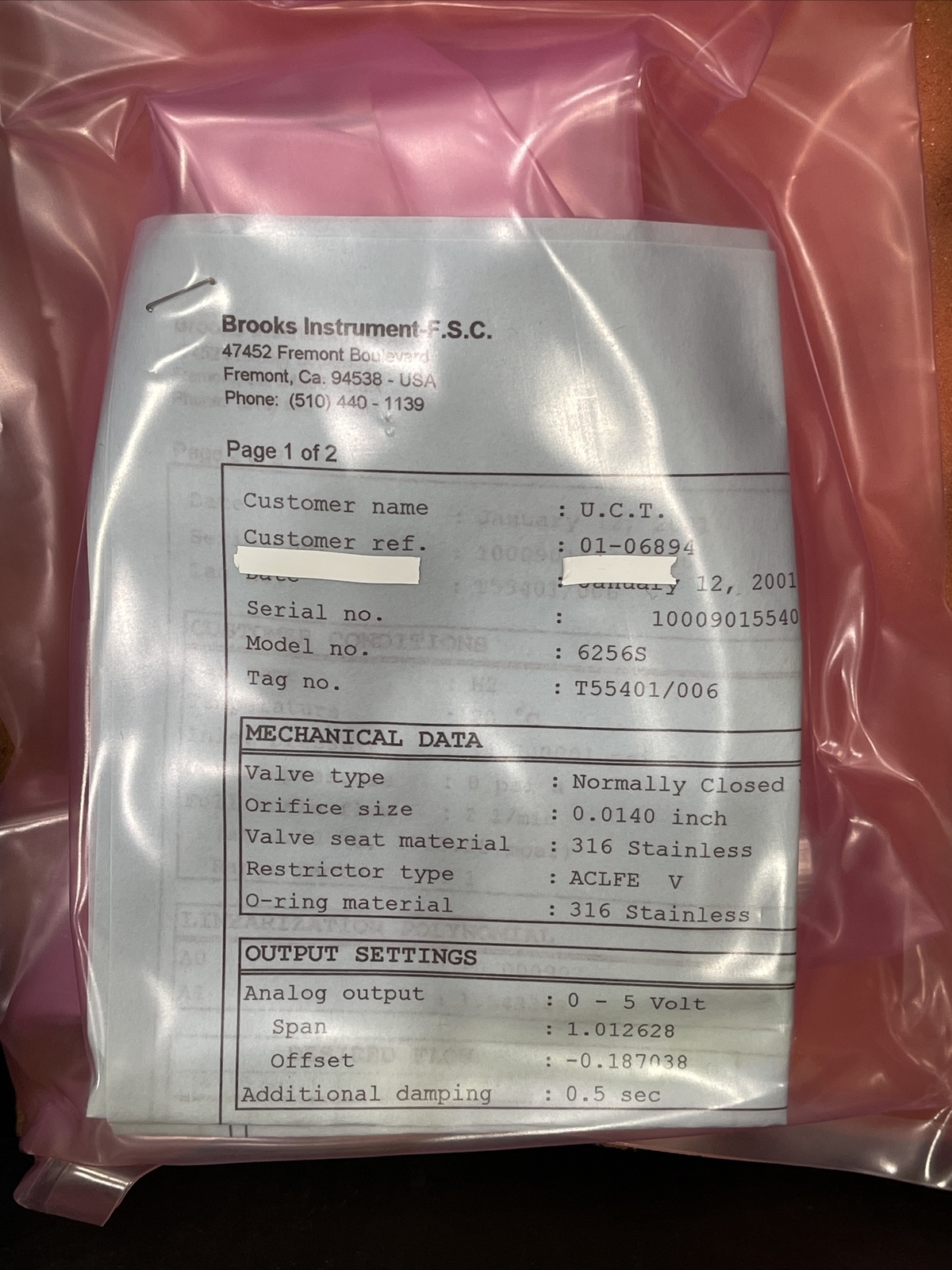 Brooks 6256S Smart Mass Flow Controller MFC, Hydrogen 2SLPM. Normally closed val