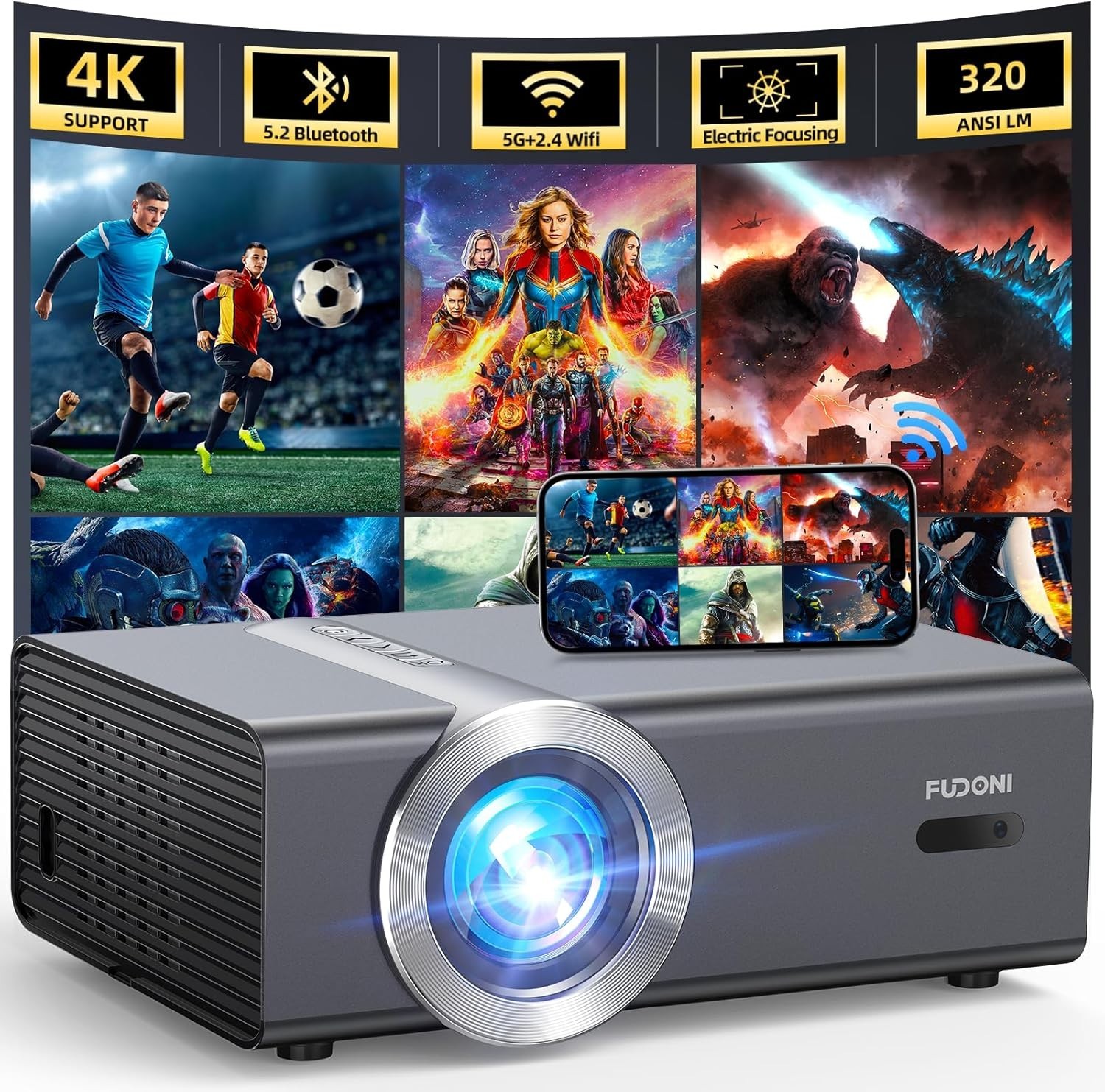 [Electric Focus/Auto Keystone] Projector with WiFi and Bluetooth, Native 1080P 4