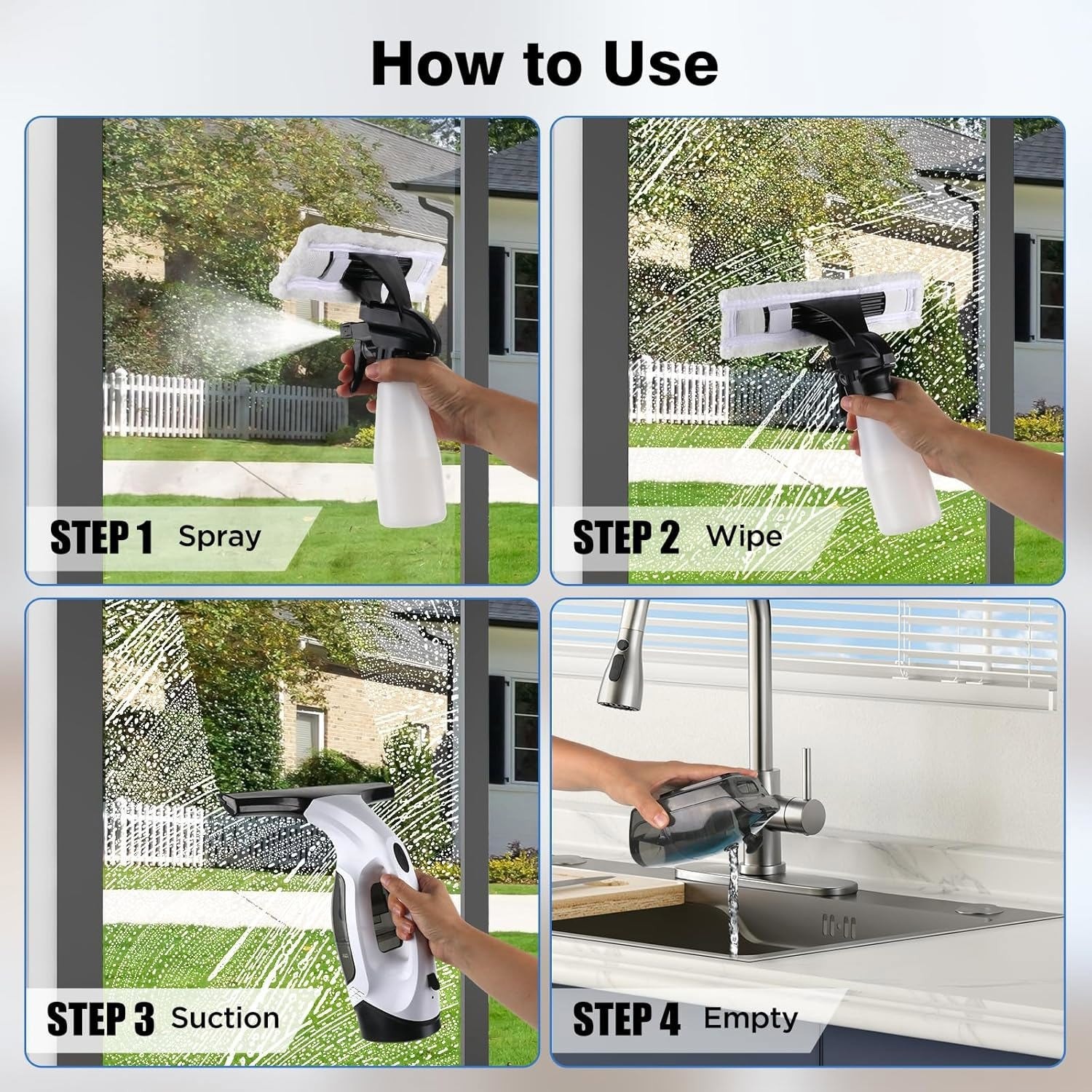 Window Vacuum Squeegee Cordless, 2000Pa Electric Window Cleaner Tool with Tank