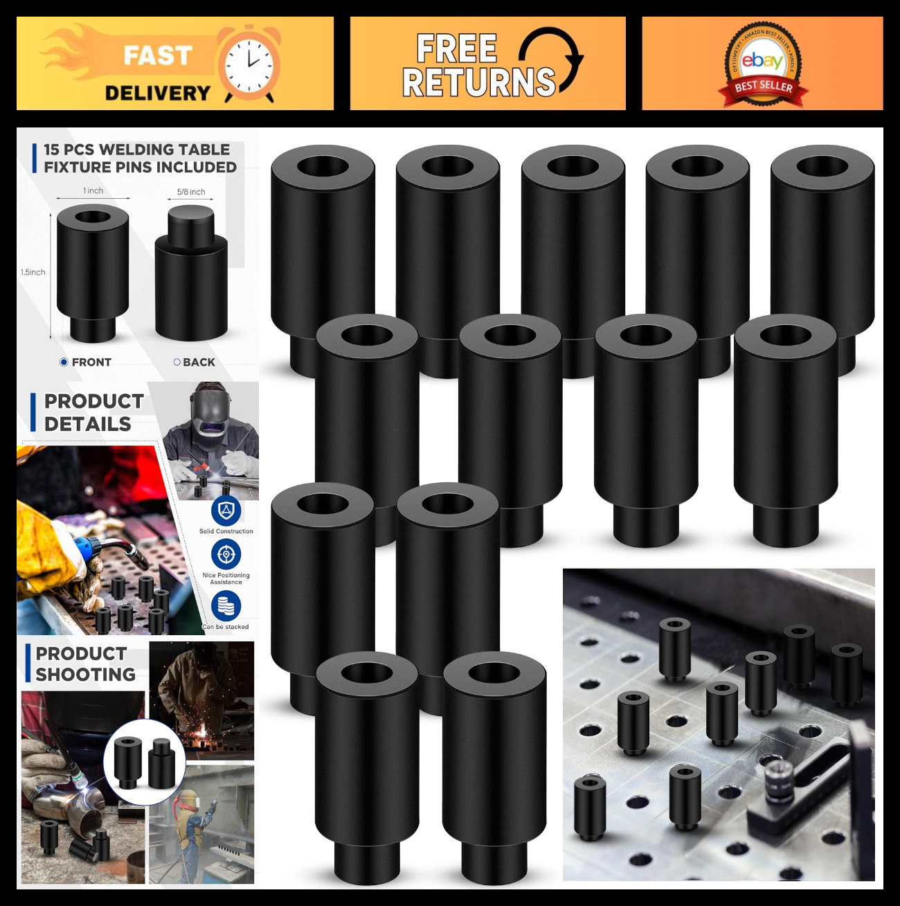 15 Pcs Welding Table Fixture Pins & Clamps - Quick Setup Alignment Kit, 5/8" x 1