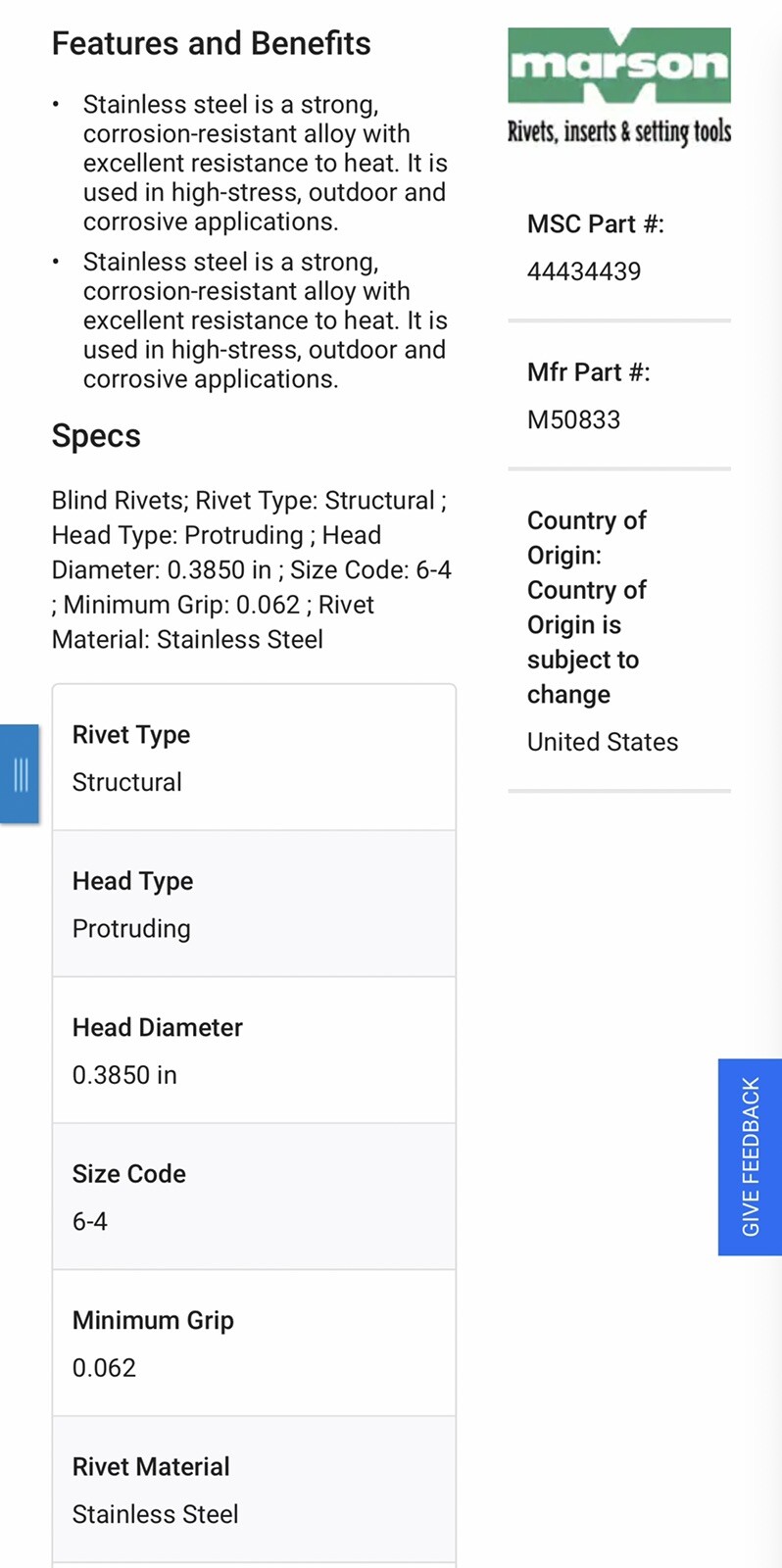 Marson Structural Rivets Stainless Steel-(6-4) 3/16" (0.062- 0.270 Grip) 100 Pcs