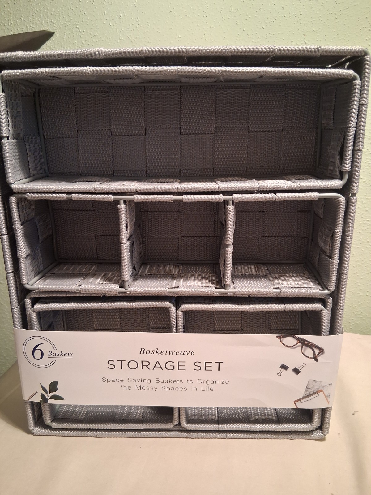 6 Basketweave Storage Set-Home-Office-School-Crafts-Sewing-Gray
