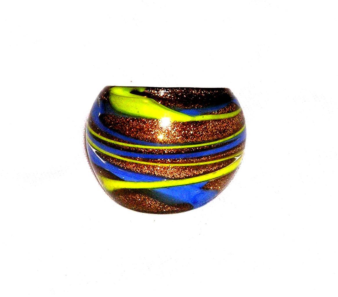 RING R53 Wide Band Size 7 1/2 Goldstone With COLORFUL FUSED GLASS