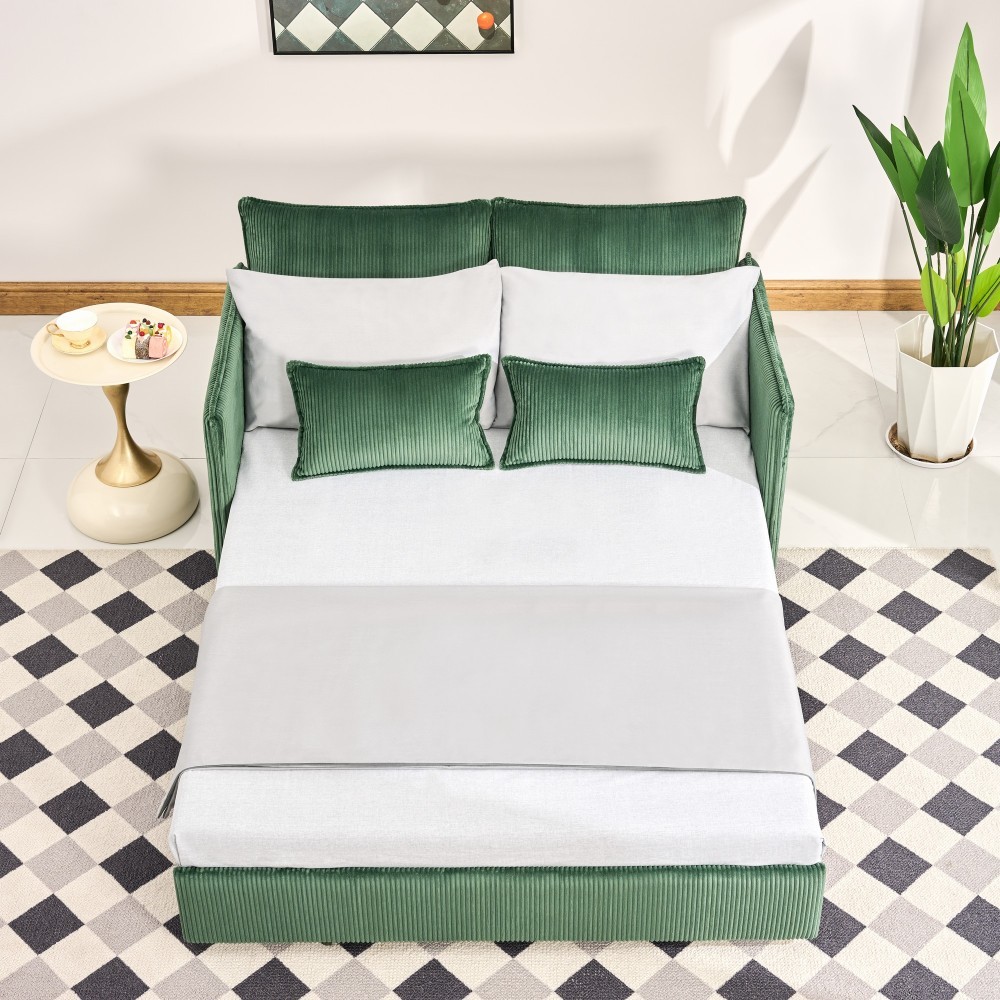55" Convertible Sofa Bed w/ USB Ports, Corduroy Upholstery, Green