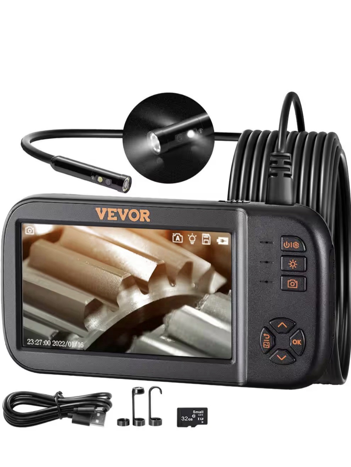 VEVOR Digital Inspection Camera Borescope 5m Flex 854x480 LCD Adj LED