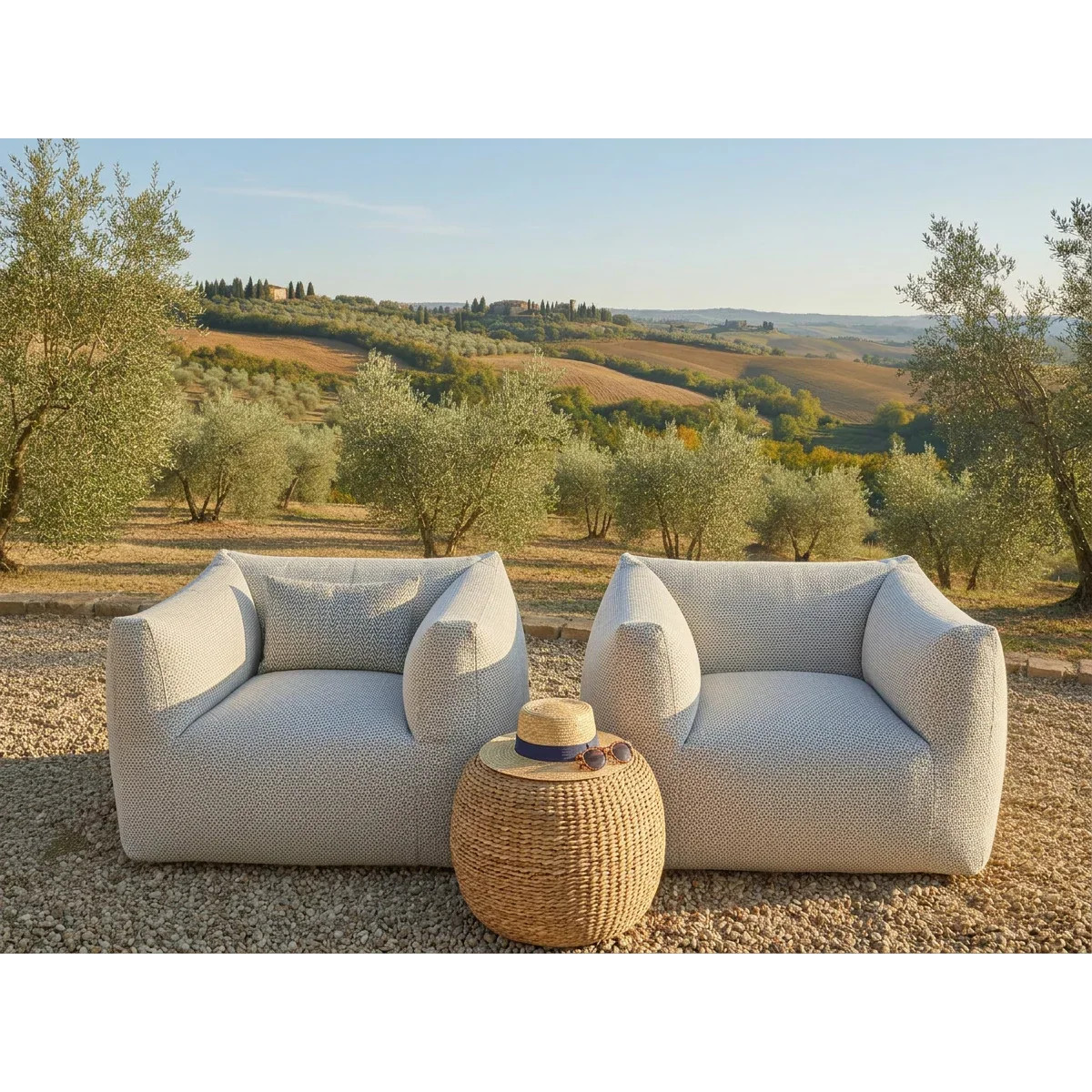 Pair of All Weather Outdoor Loungebank Armchairs - Beige Linen