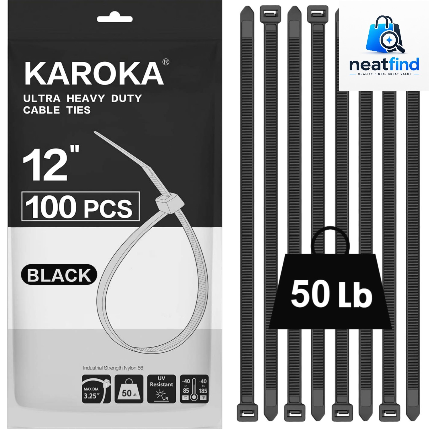 Zip Ties 12 inch 100 Pack, Black, 50 lb, UV Resistant Cable Ties for indoor a...