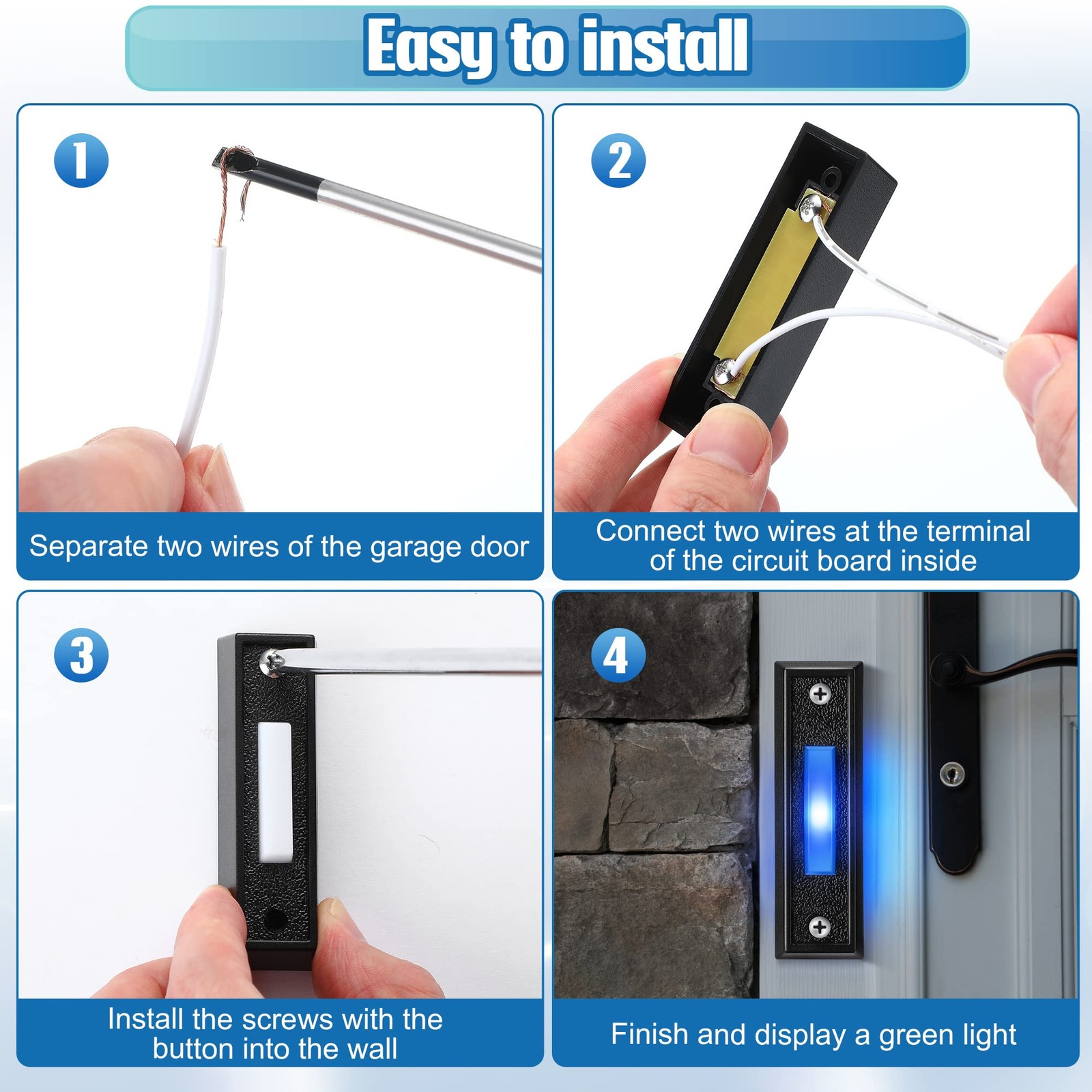 Saillong 1 Pack Wired Lighted Doorbell Button, Blue LED Switch, Black