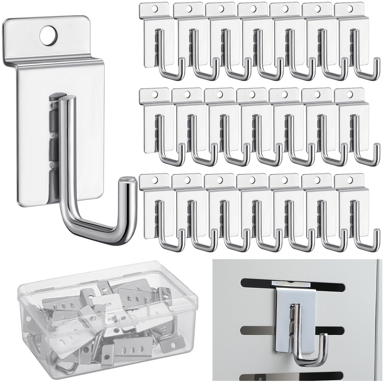 25 Pack J Shaped Slatwall Hooks and Hangers,Silver