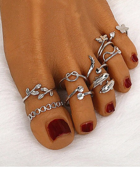 9 piece silver toe ring set