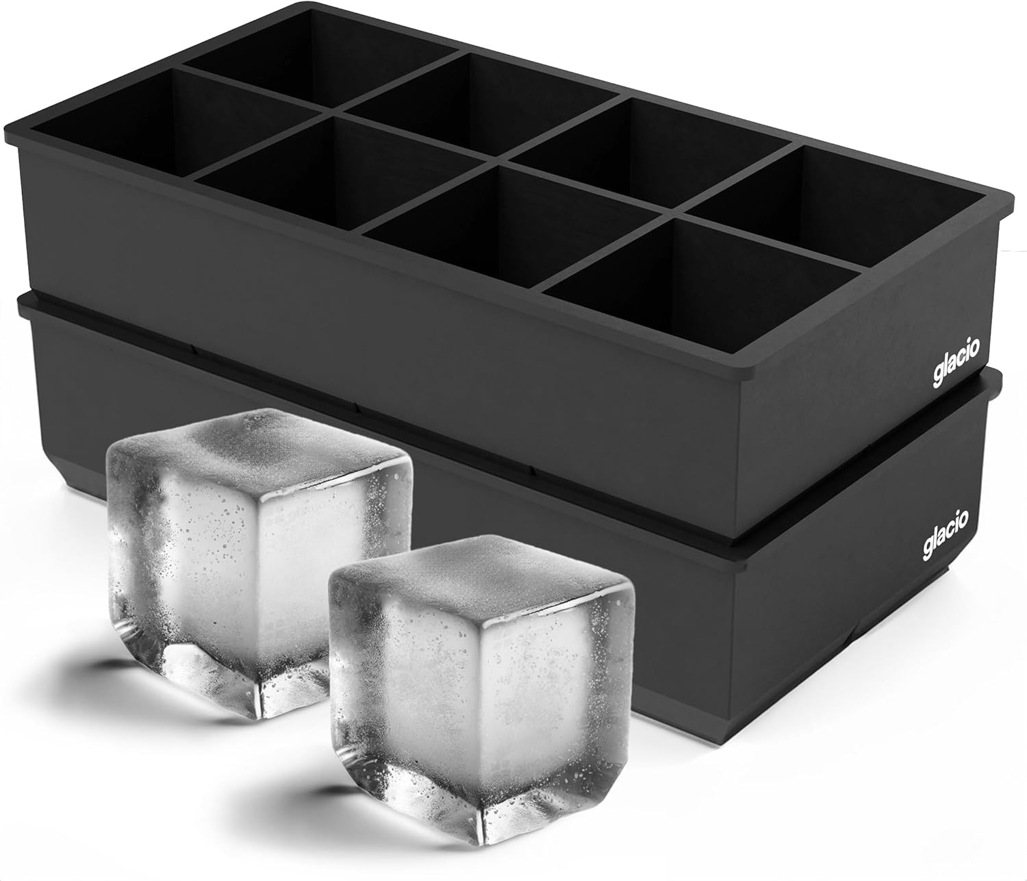 Ice Cube Molds – 2-Pack Silicone Trays for 8 Large Square Cubes – Slow-Melt Ice