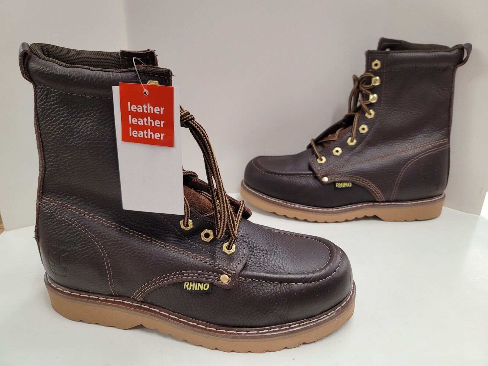Mens Rhino 82M28 Leather Brown 8" Soft Toe Moc Toe Lace Up Work Boots