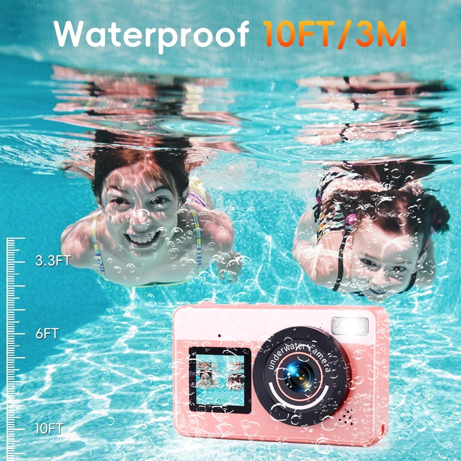 Digital Camera,10FT Underwater Camera with 32G, 2.8'' Dual Screen Waterproof
