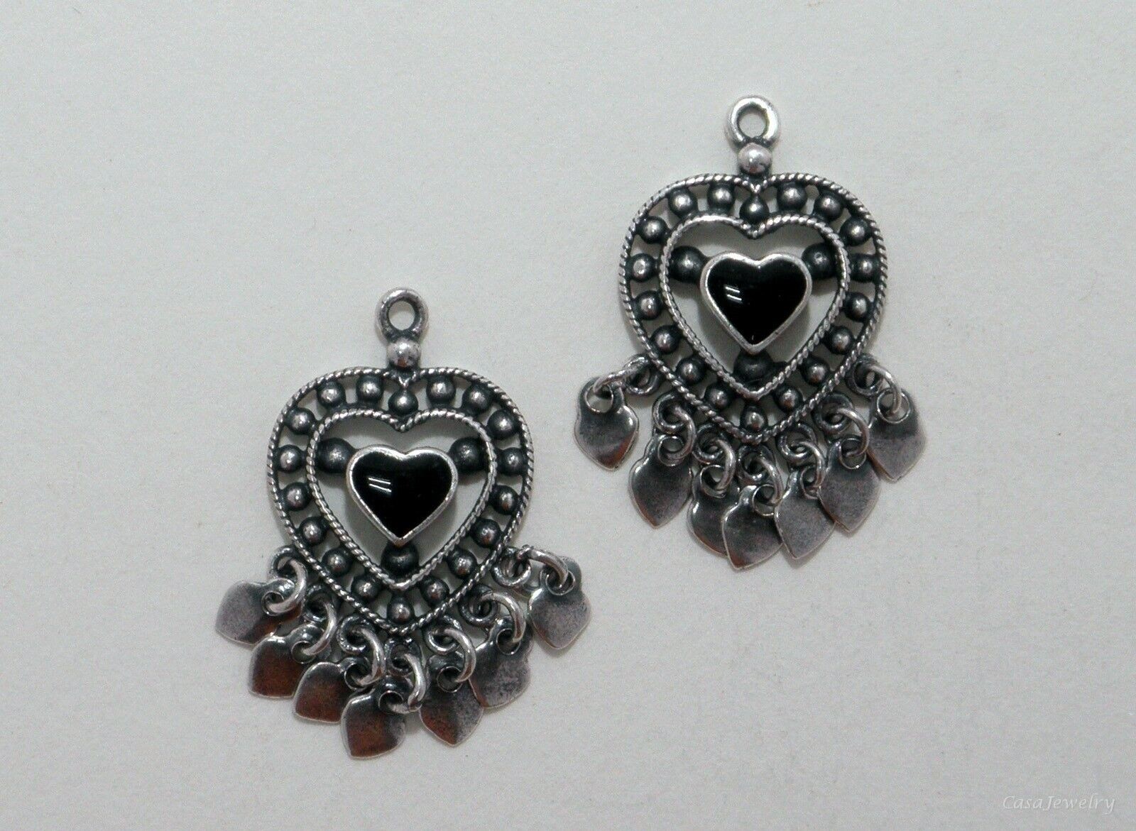 #4052B ANTIQUED STERLING SILVER PLATED THAI 7 DROP HEART W/BLACK INLAY - 1 Pair