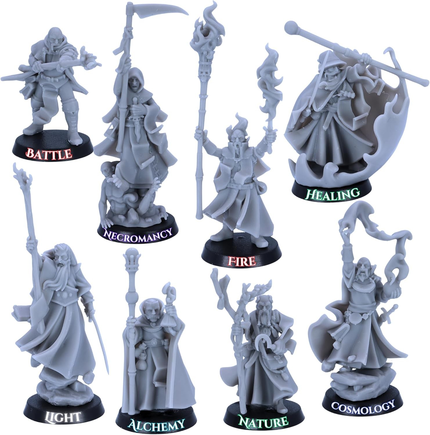 Battle Wizards Miniature Set – 8 Fantasy Mage Models | 32mm RPG Resin Figures
