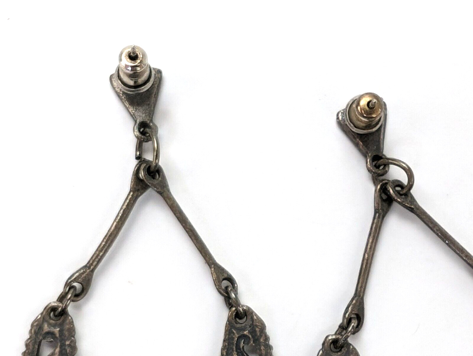 Vintage Openwork Pewter Tone Dangle Drop Pierced Earrings 2.5" Boho