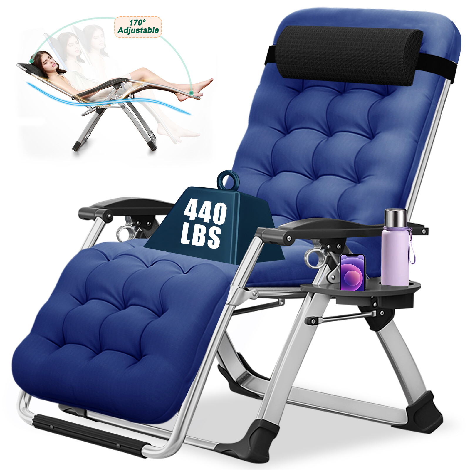 MOPHOTO Lawn Reclining Chair Folding Cot  Patio Lounge Chair W/Cup Holder & Mat